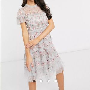 Needle & Thread embroidered cap sleeve ribbon mini dress in crystal blue NWT